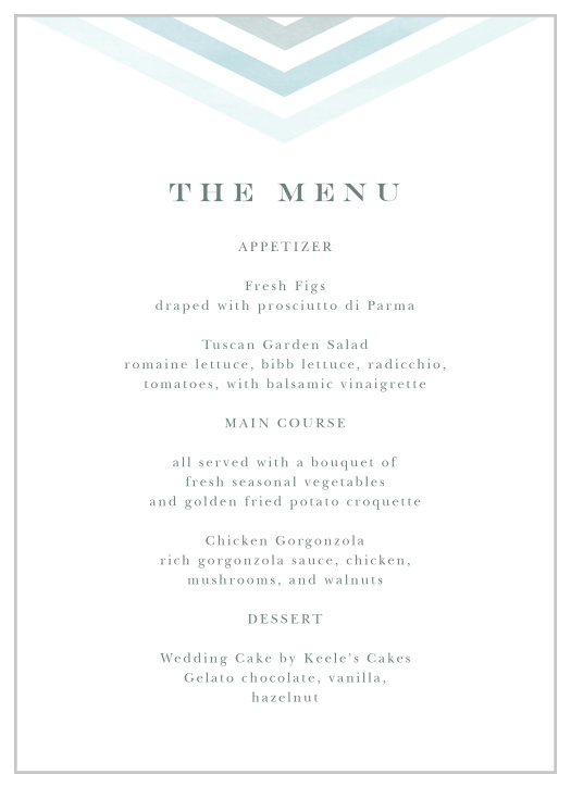 Describe what will be served at your reception to family and friends with our Chevron Arrow Wedding Menus.