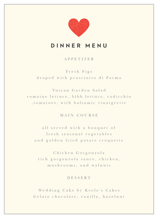 Our Charming Mustache wedding menu with its distinctive look matches the rest of the Charming Mustache invitation suite perfectly.