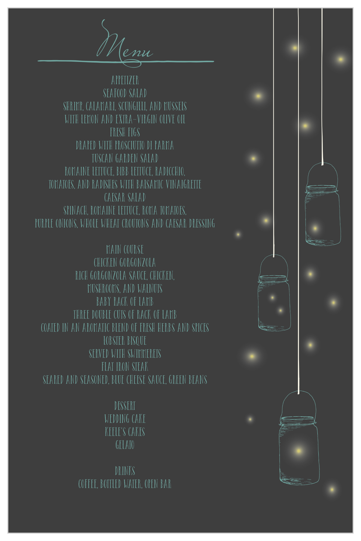 Mason Jars & Fireflies Wedding Menus