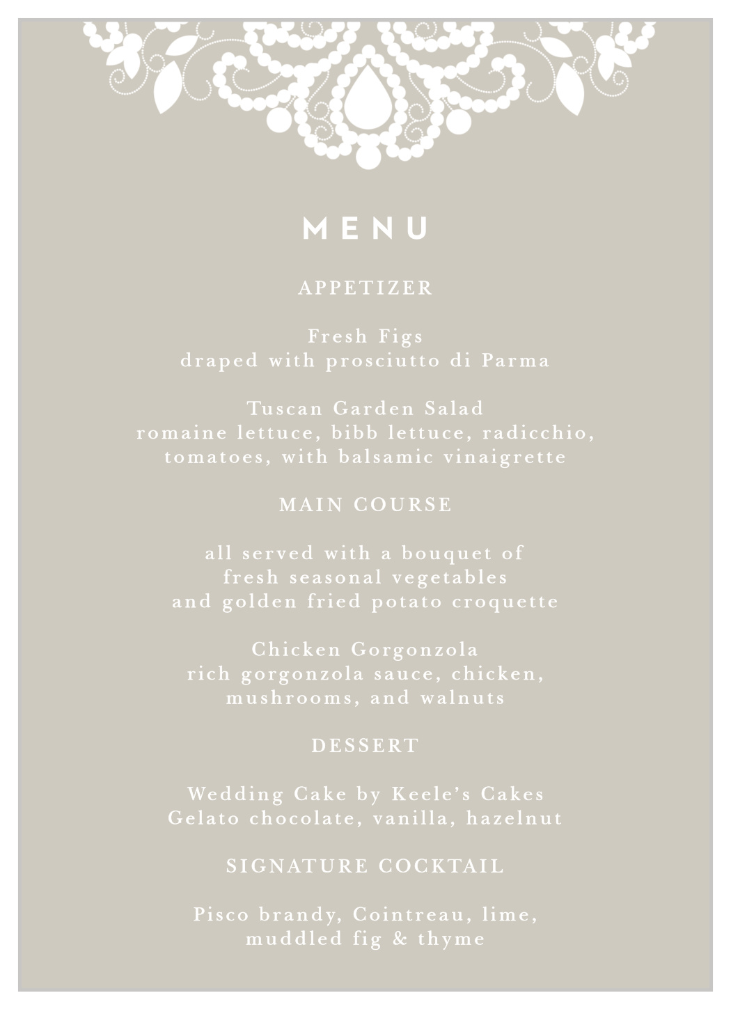 Old Fashioned Charm Wedding Menus