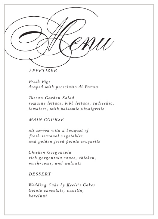 Our Chic Couple Wedding Menus describe what will be served at your reception to family and friends.