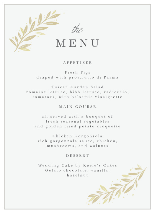Describe each delicious dish that will be served at your reception with our Modern Half Circle Wedding Menus.