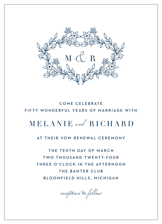 Gather together your friends and family with the botanical beauty of our Blossoming Heart Vow Renewal Invitations. Vines and flowers grow together into the shape of a heart at the top of each page, a stunning frame for your initials before transitioning into a clean-cut type, each word a brilliant blue against the white background.