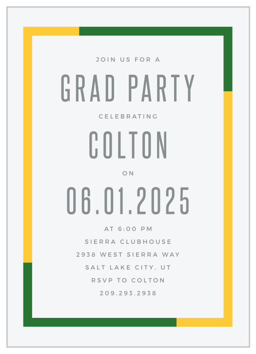 A fun, green and yellow border surrounds your text on our Color Frame Graduation Party Invitations!  