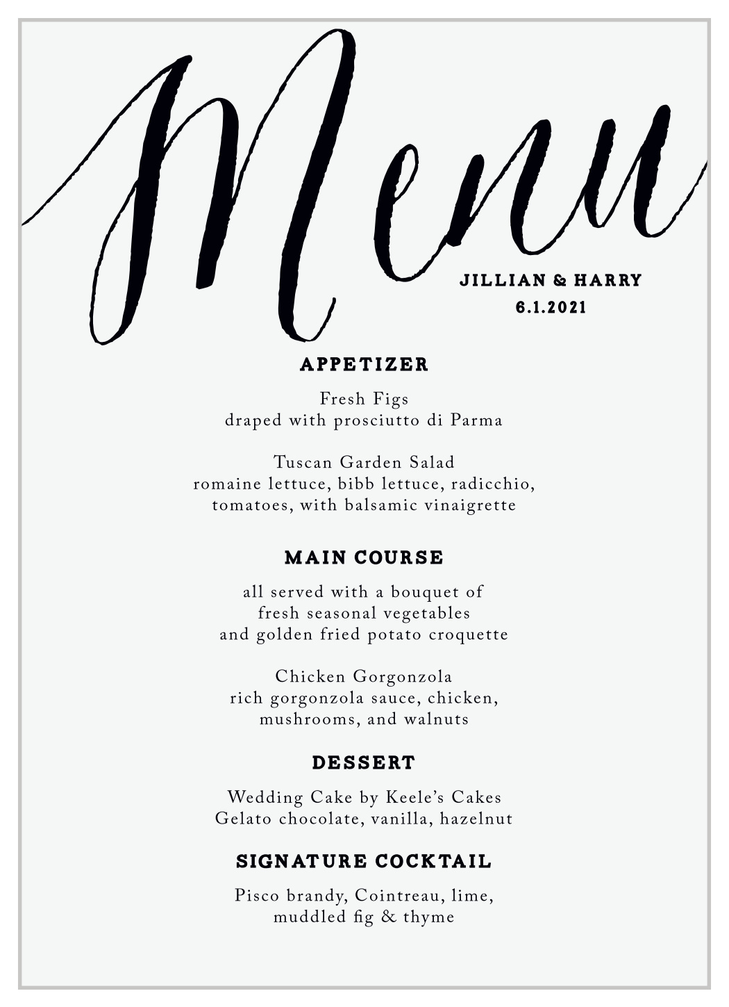 MaeMae's Jett Wedding Menus