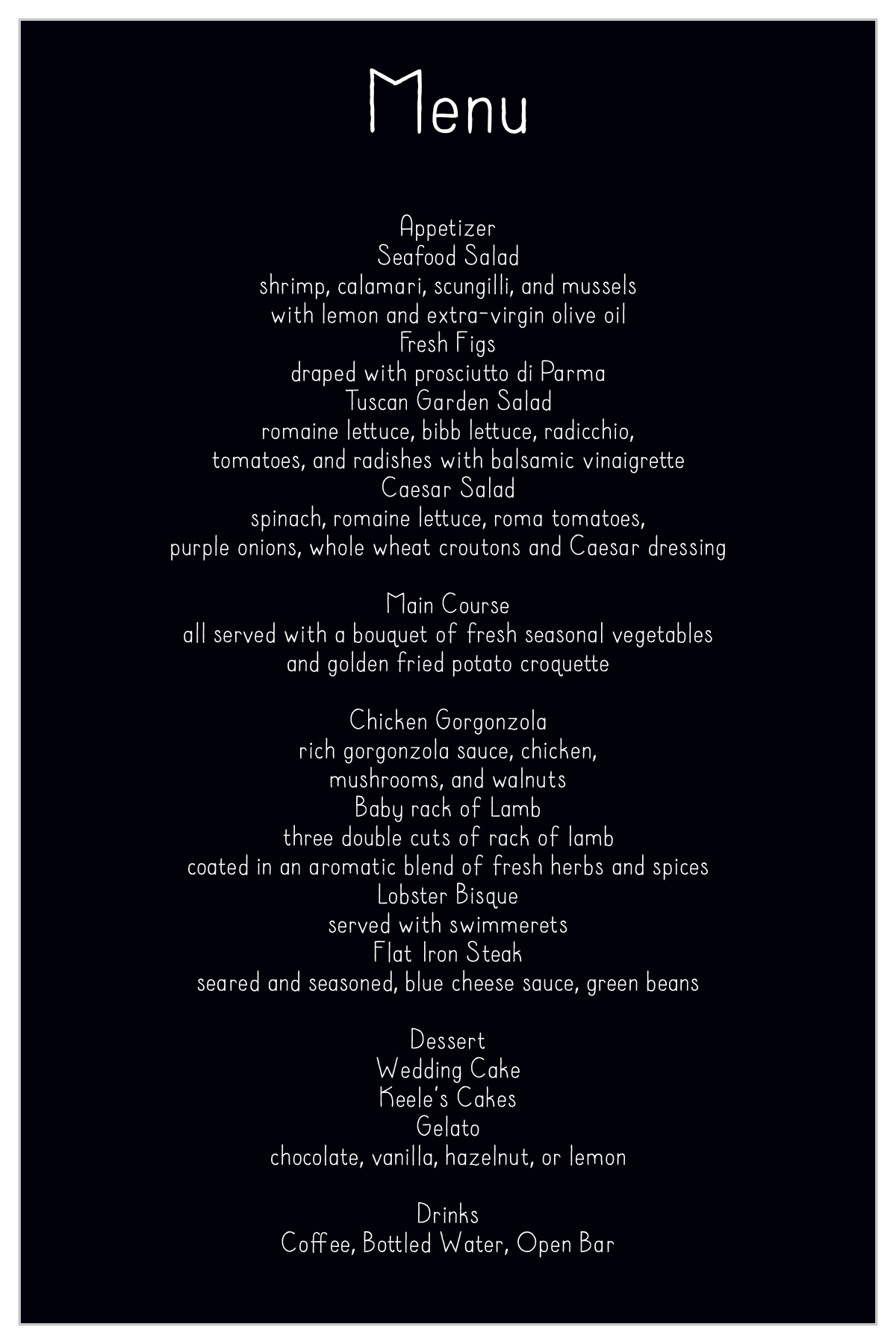 Sweet Affection Wedding Menus