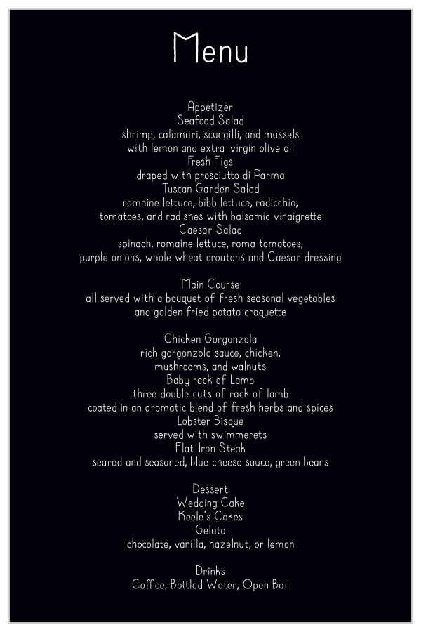 Sweet Affection Wedding Menus