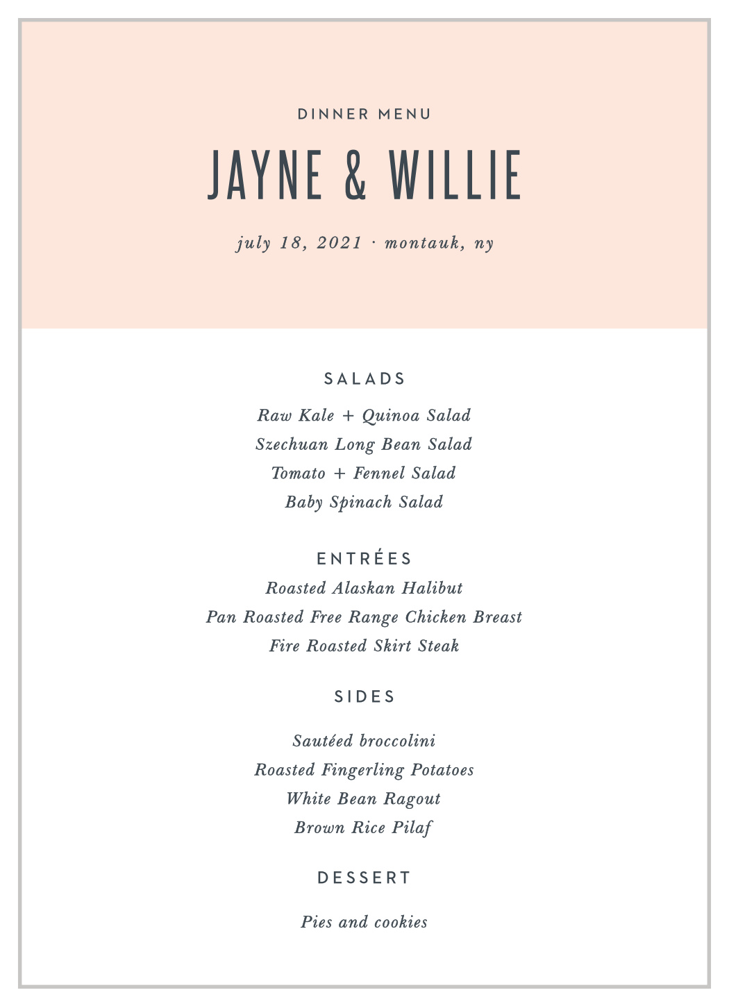 MaeMae's Willie Wedding Menus