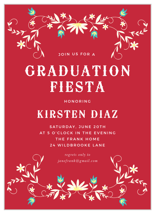 Our classically colored Fiesta Flowers Graduation Party Invitations use bright hues and soft tones to catch and hold your guests' eye! 