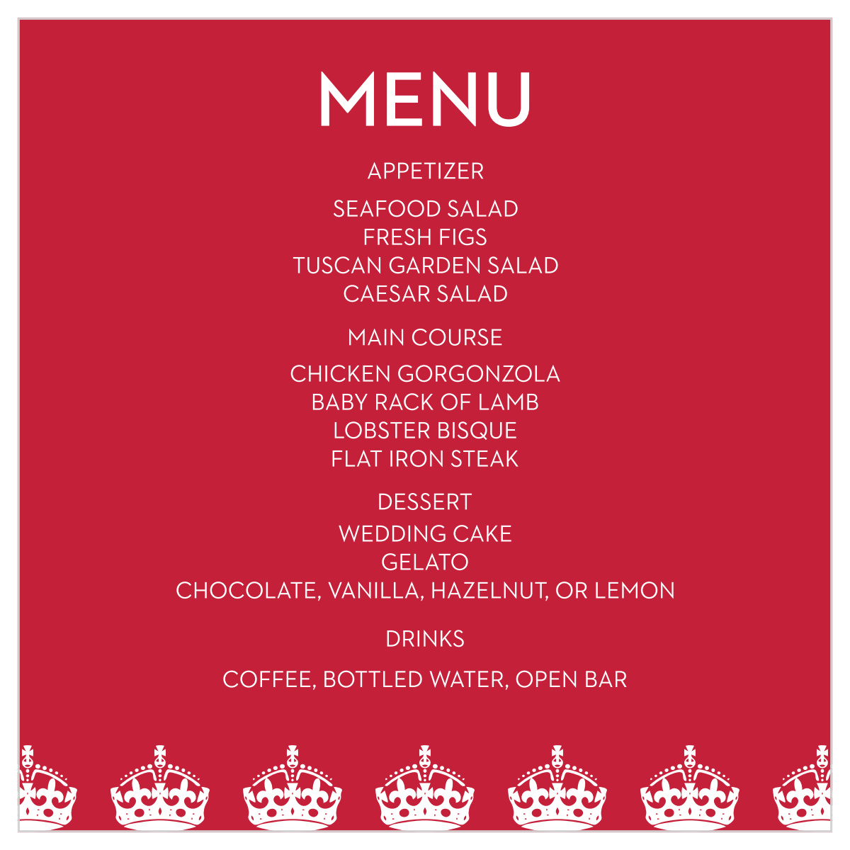 Royal Crown Wedding Menus
