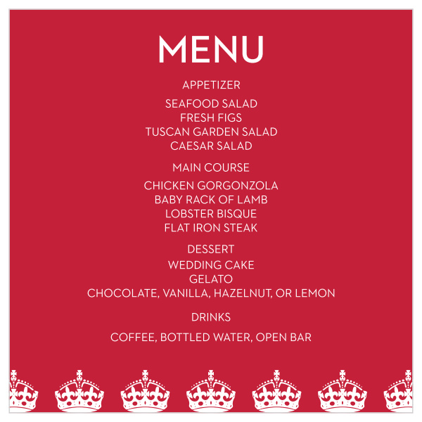 Royal Crown Wedding Menus