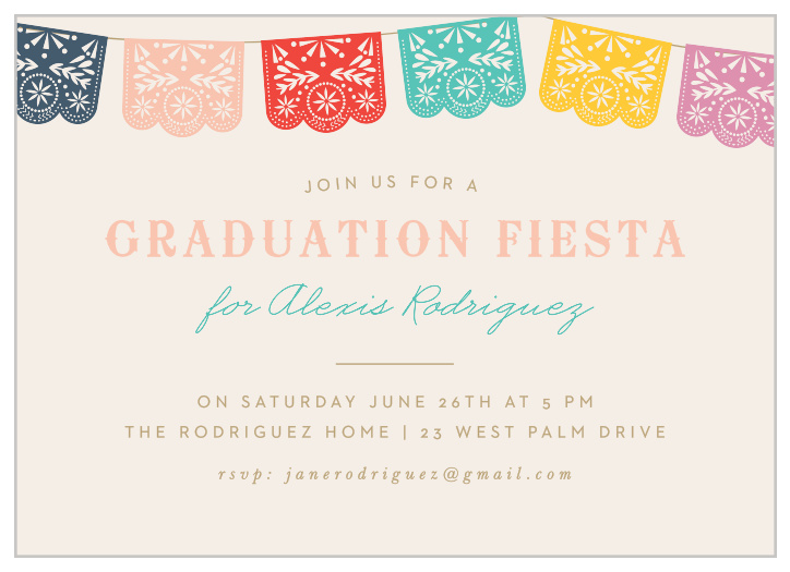Strings hung with traditional papel picado decorations descend across the top of our Papel Fiesta Graduation Party Invitations. 