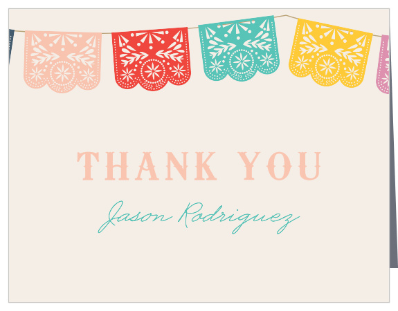 Strings hung with traditional papel picado decorations descend across the top of our Papel Fiesta Graduation Thank You Card. 