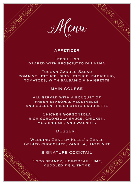 Precious Paisley Wedding Menus
