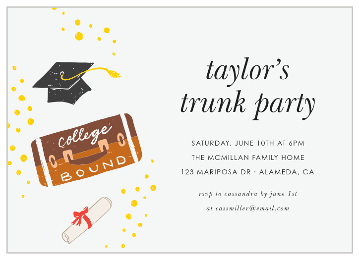After all of your hard work, you're finally college bound! Throw a farewell party to be remembered with our Trunk Celebration Graduation Party Invitations! 