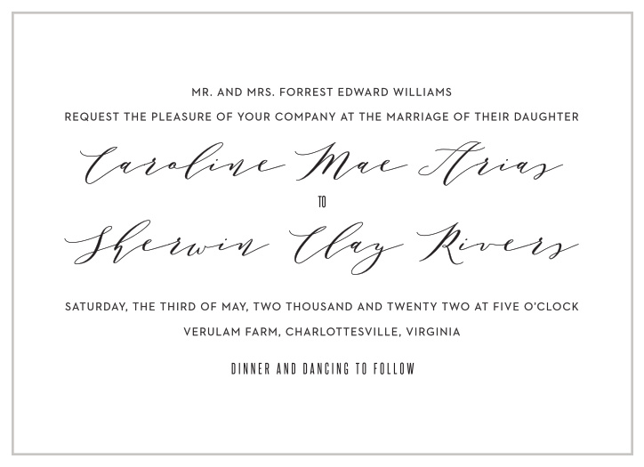 Gather your loved ones together to witness your wedding ceremony with our MaeMae's Maeve Wedding Invitations. 