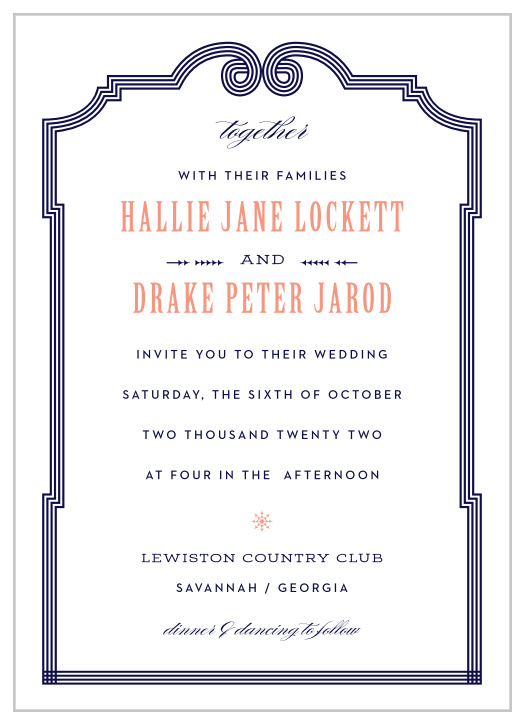 Gather your loved ones together to witness your wedding ceremony with our MaeMae's Drake Wedding Invitations.