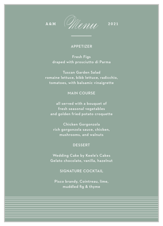 Inform your loved ones what will be served on your wedding day with our MaeMae's Willow Wedding Menu.