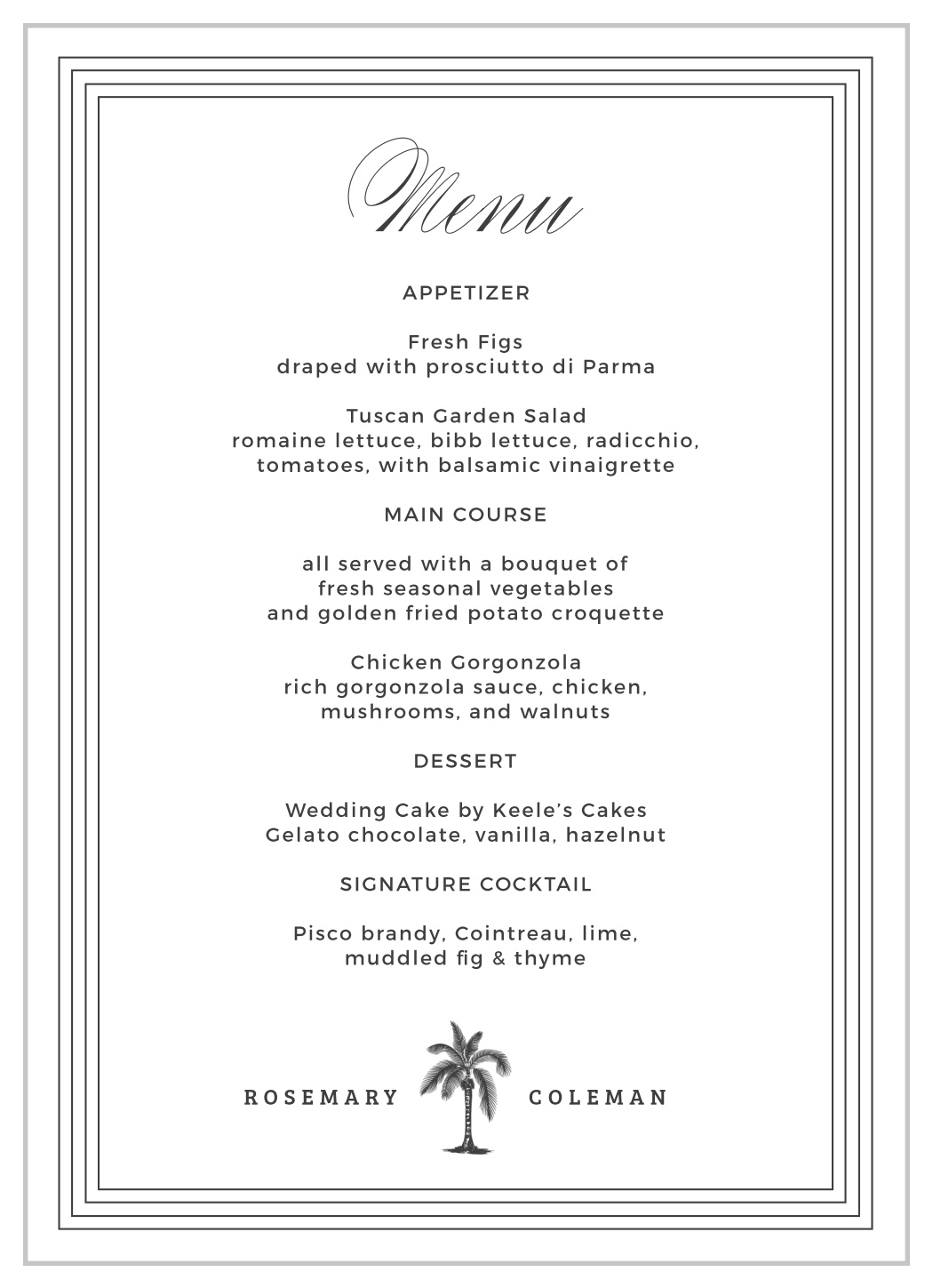 MaeMae's Bruno Wedding Menus