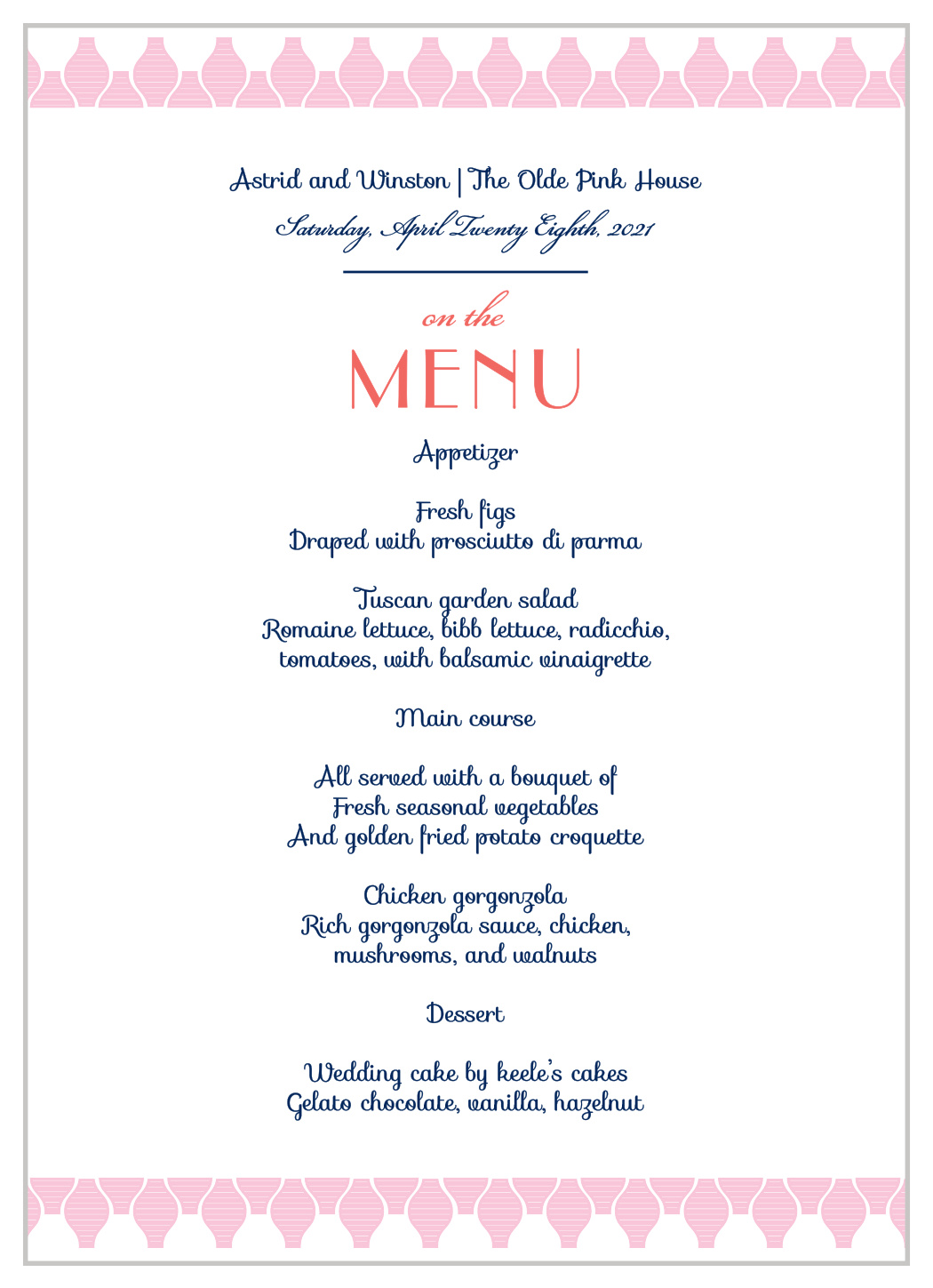 MaeMae's Winston Wedding Menus