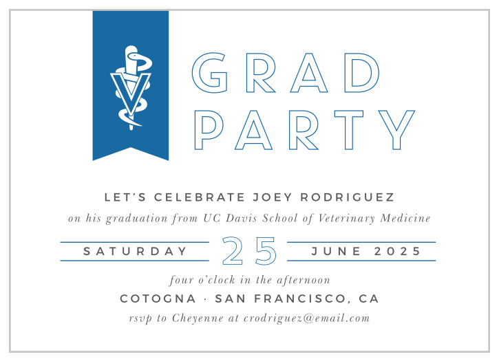A flag emblazoned with the Rod of Asclepius descends from the top of our Veterinary School Graduation Party Invitations. 