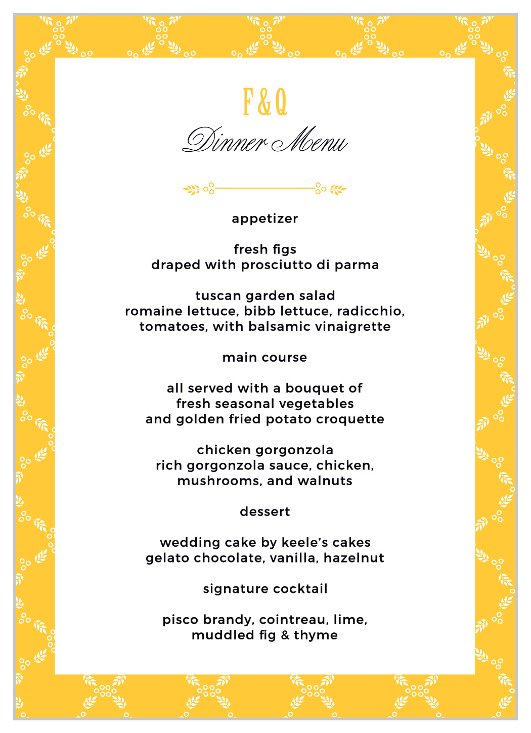 MaeMae's Quimby Wedding Menus