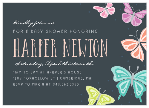 Colorful butterfly illustrations glide along the side of our Butterfly Garden Baby Shower Invitations, adding a touch of color to the dark grey background.  