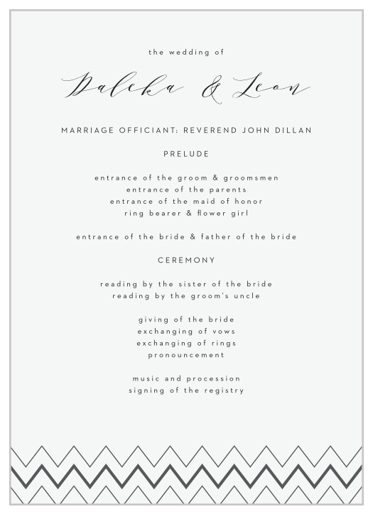 Walk family and friends through every step of your ceremony with our Chevron Ornamental Frame Wedding Programs.