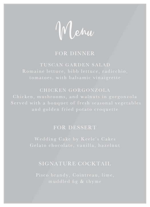 Describe every delicious ingredient and tantalizing meal with the subtle styling of our Casual Script Clear Wedding Menus.