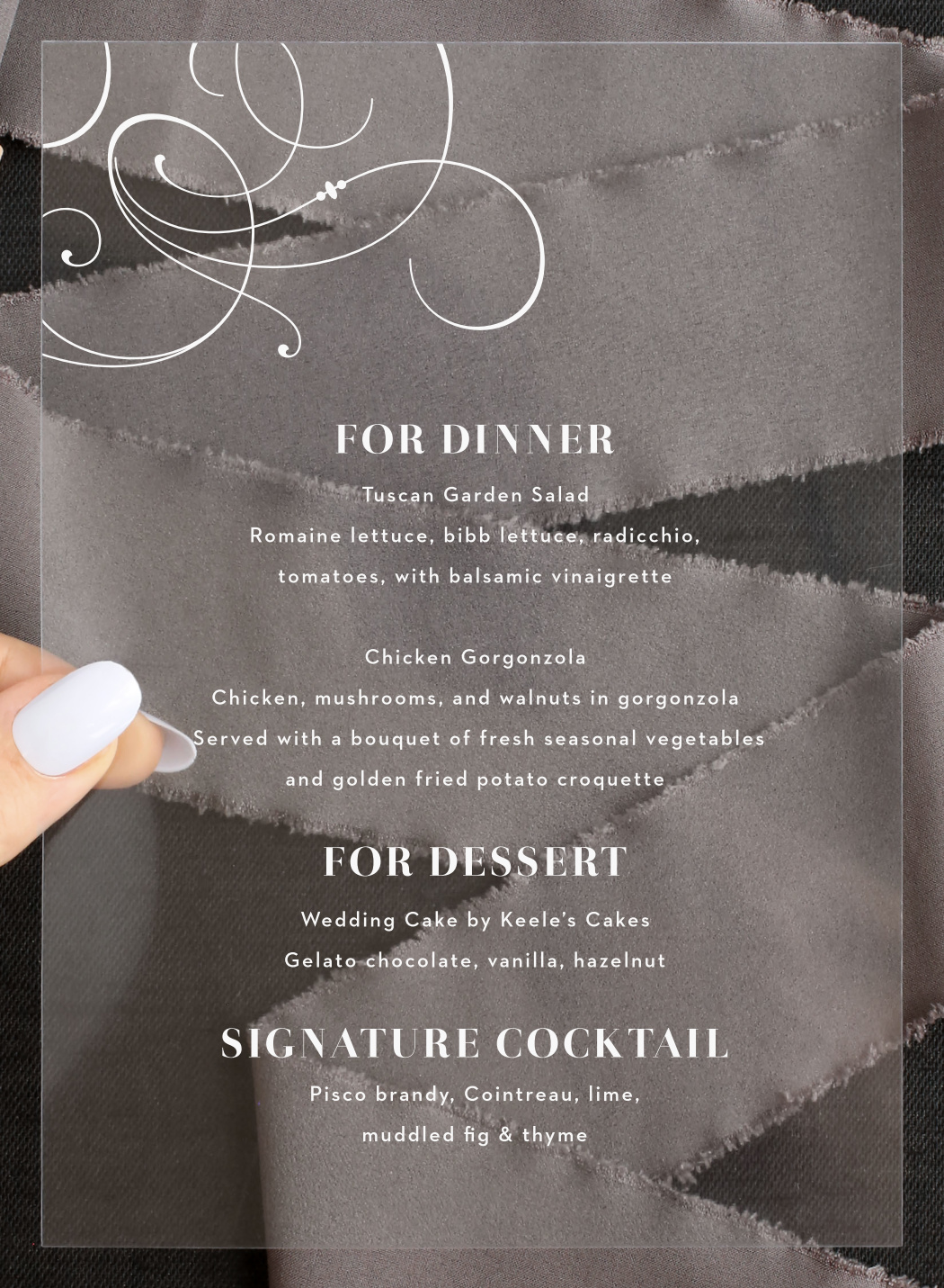 Bold Swash Clear Wedding Menus