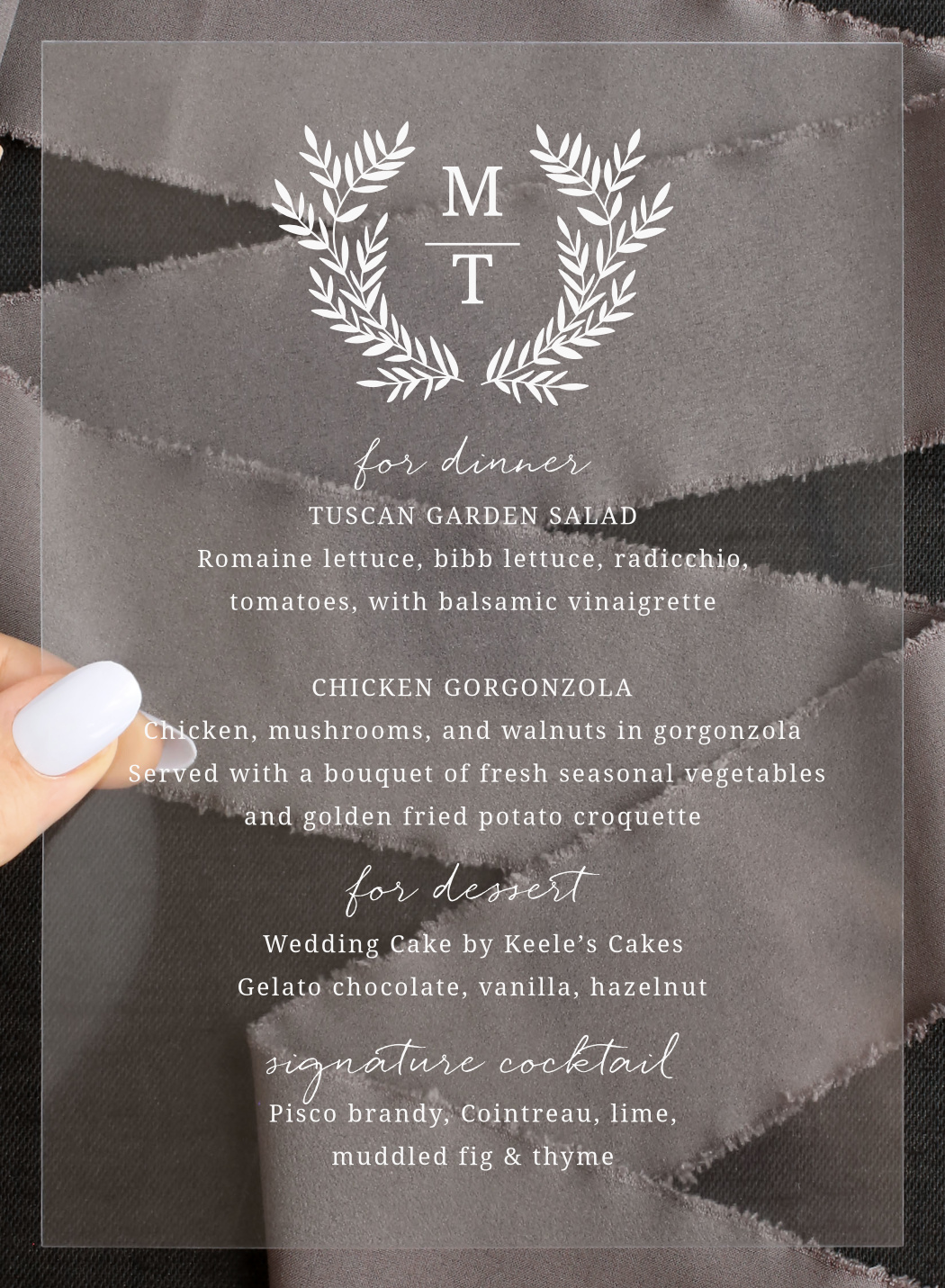 Botanical Monogram Clear Wedding Menus