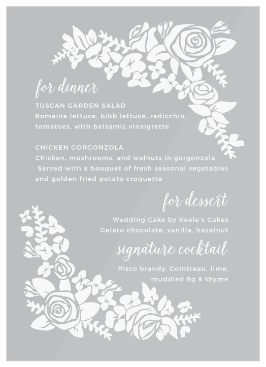 Inform your guests of their delicious meal options with our Botanical Corners Clear Place Menus!