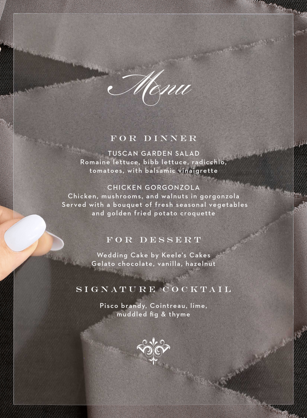 Scripted Elegance Clear Wedding Menus