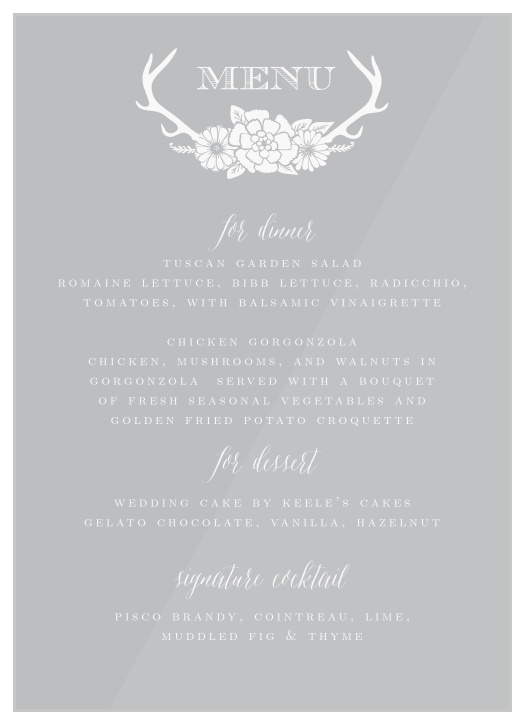 Our Blossoming Antlers Clear Wedding Menus feature a set of antlers with a group of flowers nestled in them at the top.  