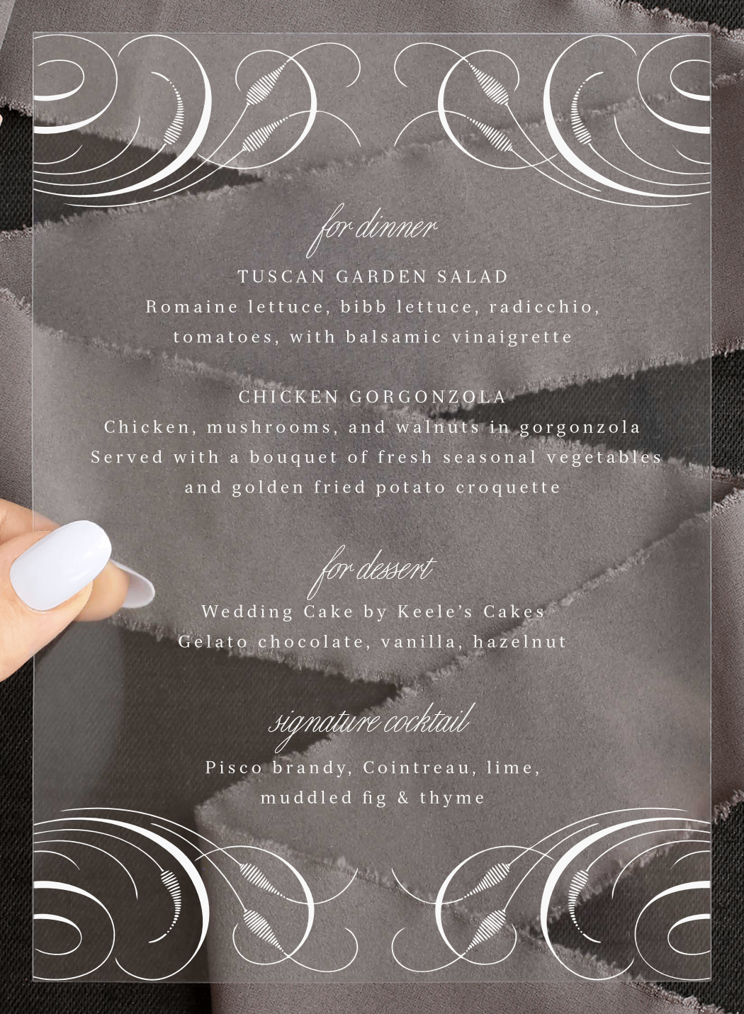 Romantic Swirls Clear Wedding Menus