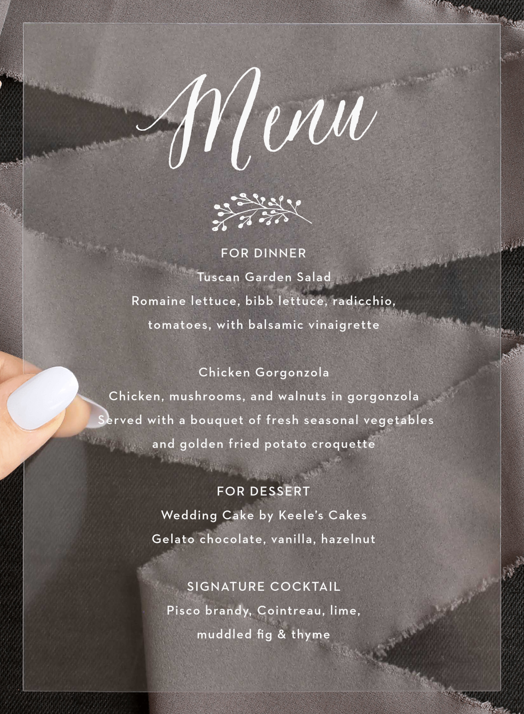 Floral Calligraphy Clear Wedding Menus