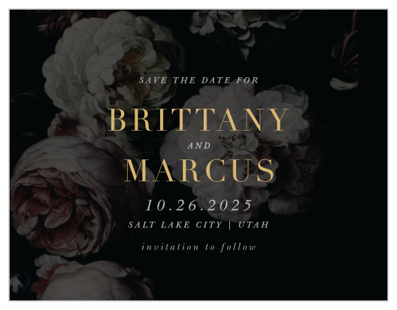 Our Moody Florals Save-the-Date Magnets feature a hauntingly beautiful backdrop of peonies that are veiled by a black overlay. 