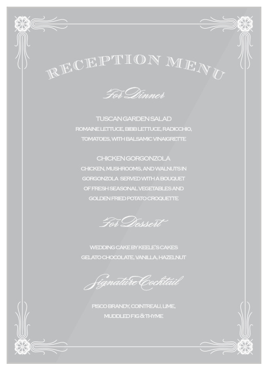 The Antique Frame Clear Wedding Menus are delicious cards with a country-western feel printed on real transparent vinyl.