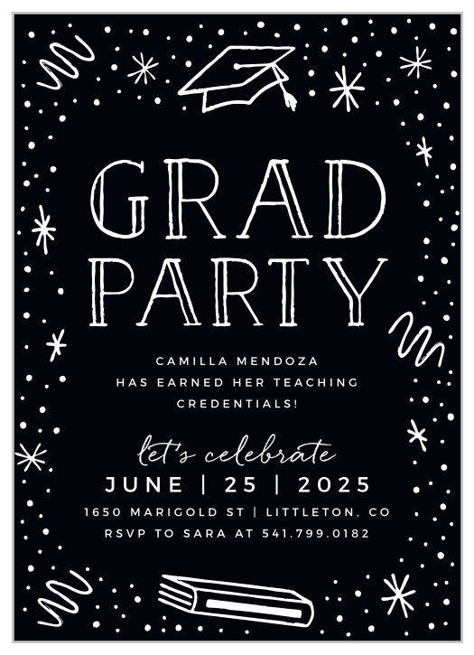 Invite your friends and family to celebrate with our Teachers Chalkboard Graduation Party Invitations.