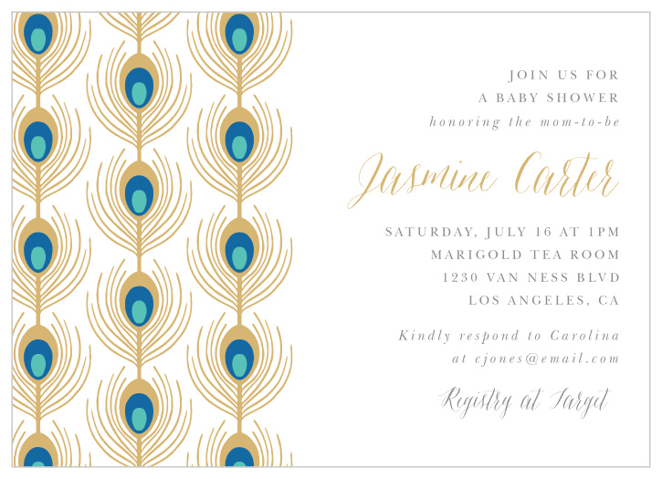 Bring your friends and family together to celebrate your little one with our Pregnant Peacock Baby Shower Invitations. 