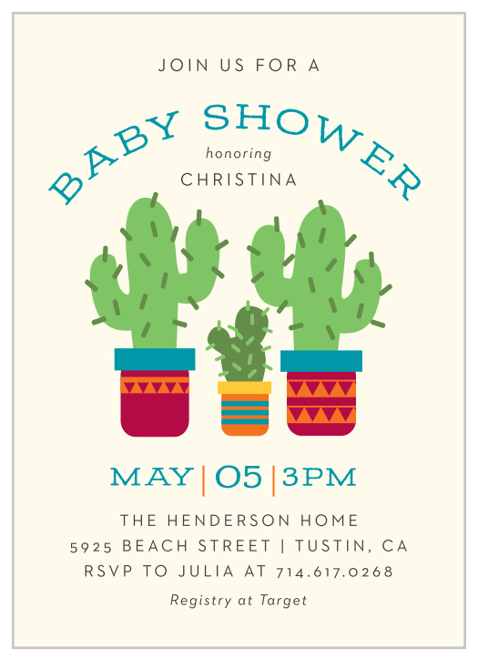 Combine your holiday festivities with the welcoming celebration for your new baby with our Cinco Cactus Baby Shower Invitations!
