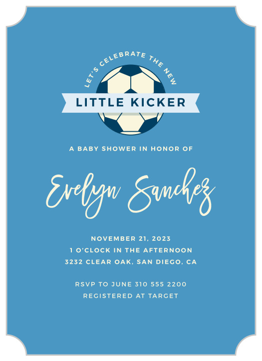 Surround yourself with the people you care about most using the cute, sporty design of our Little Kicker Baby Shower Invitations.