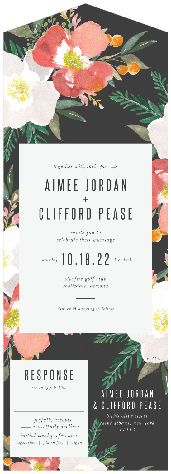 Our Spring Rose Seal & Send Wedding Invitations have a stormy grey border that is contrasted with brightly colored hibiscus flowers.