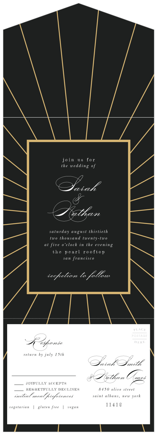 Our Starburst Frame Seal & Send Wedding Invitations are a vision in black and gold. 