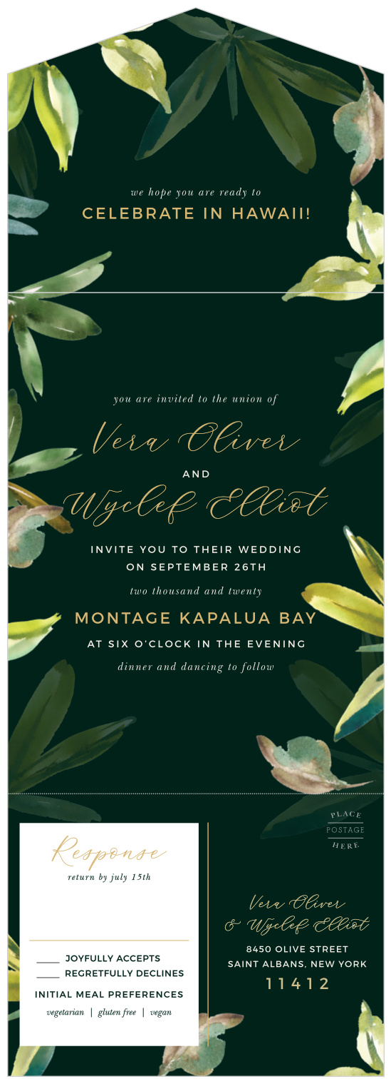 Showcase the blooming nature of your own love with the dew-crested fronds of our Hawaii Palm Leaves Seal & Send Wedding Invitations.