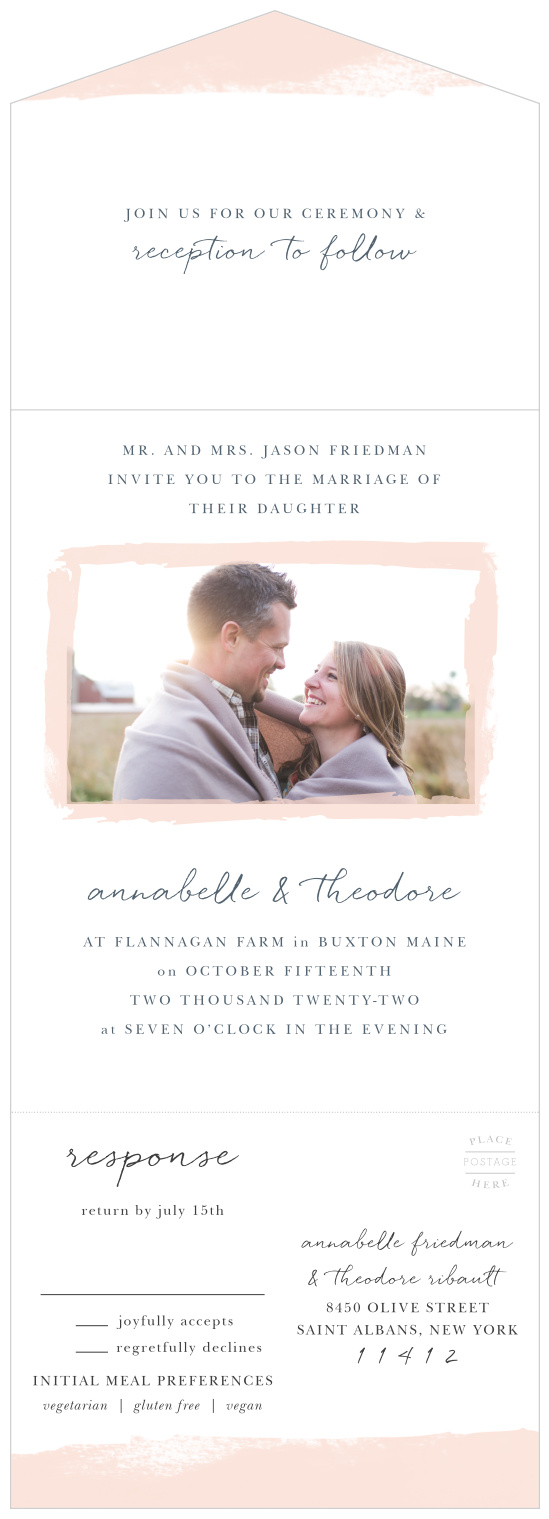 Your engagement photo in a brushstroke frame is on the front of the Brushed Frame Seal & Send Wedding Invitations. 