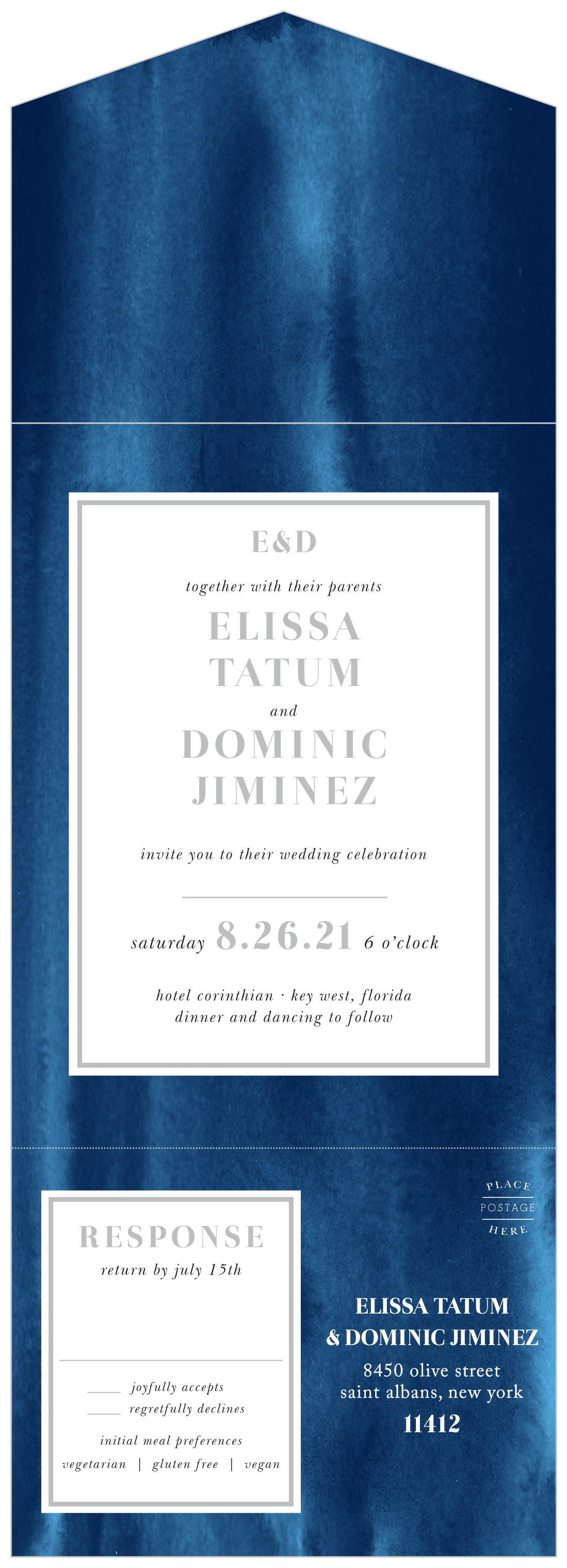 Indigo Watercolor Seal & Send Wedding Invitations