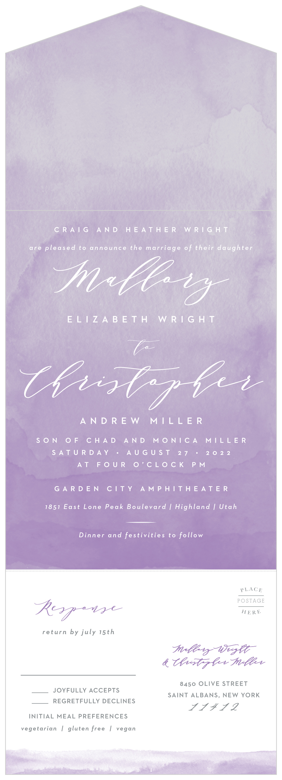 Lilac Dip Dye Seal & Send Wedding Invitations