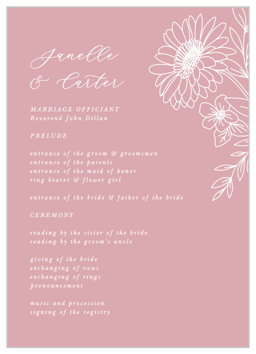 Our Elegant Gerber Daisy wedding program is a perfect match for the rest of the Elegant Gerber Daisy wedding suite.