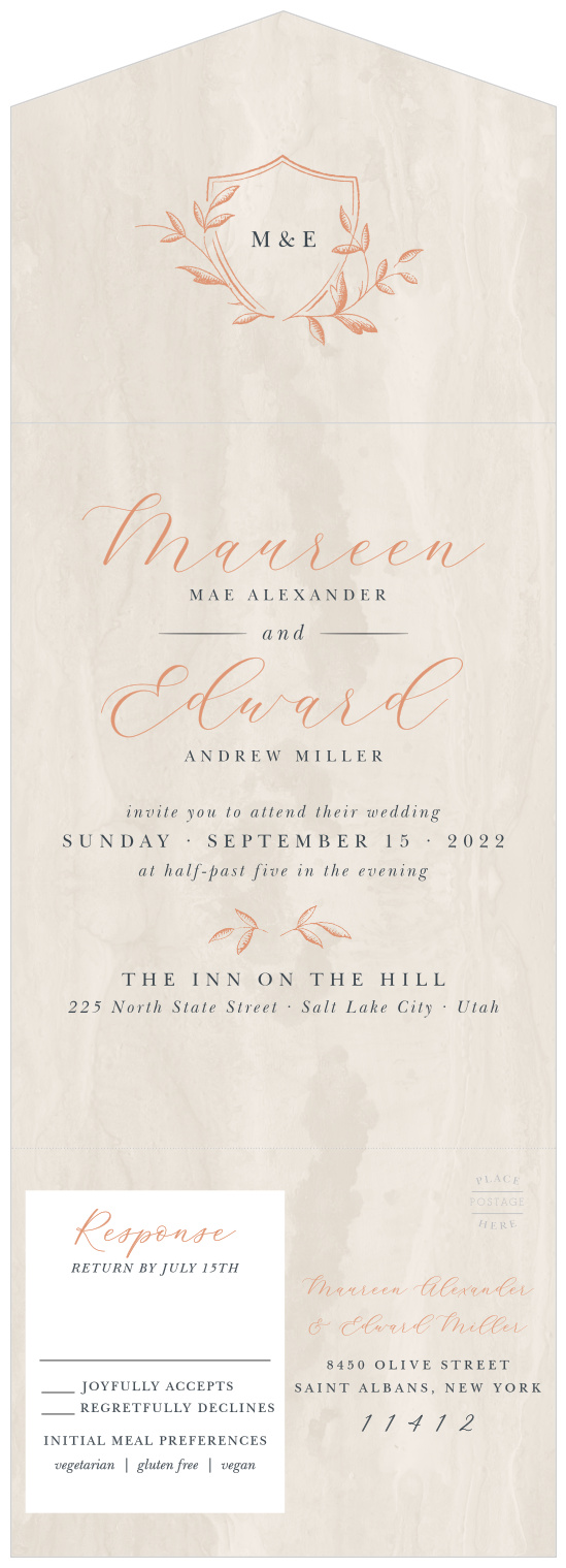 On a rustic, woodgrain-inspired background and filled with swirling foil and simple prints in deep-blue, our Woodland Monogram Seal & Send Wedding Invitations offer irresistible style and unending utility. 